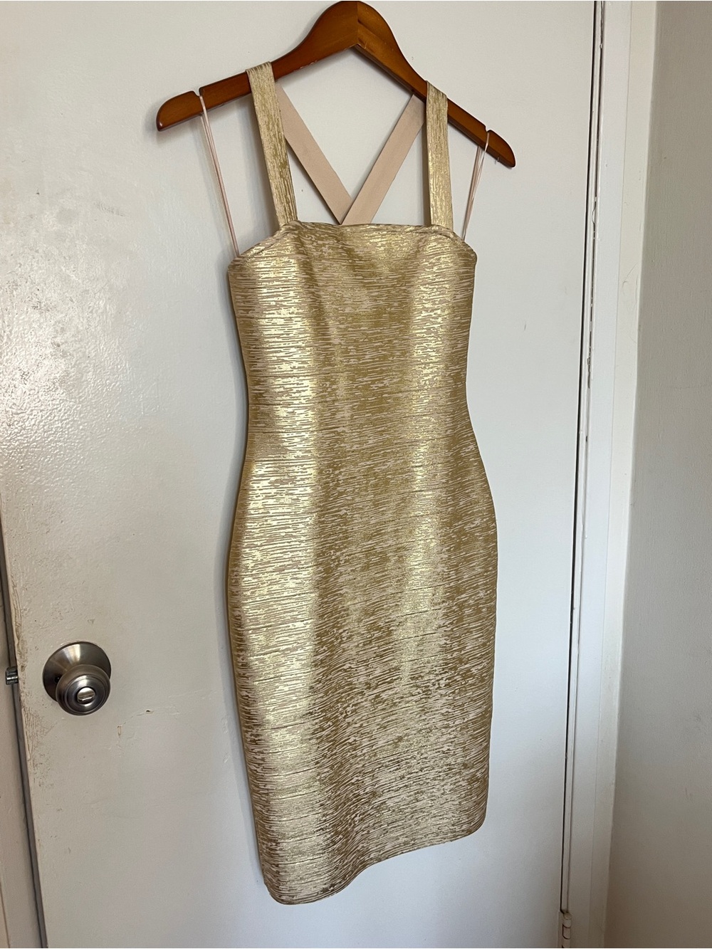 Gold Textured Midi Sheath Dress with Strappy Back